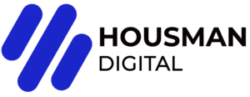 Housman Logo, Three lines making a hexagon, black bold text saying Housman Digital